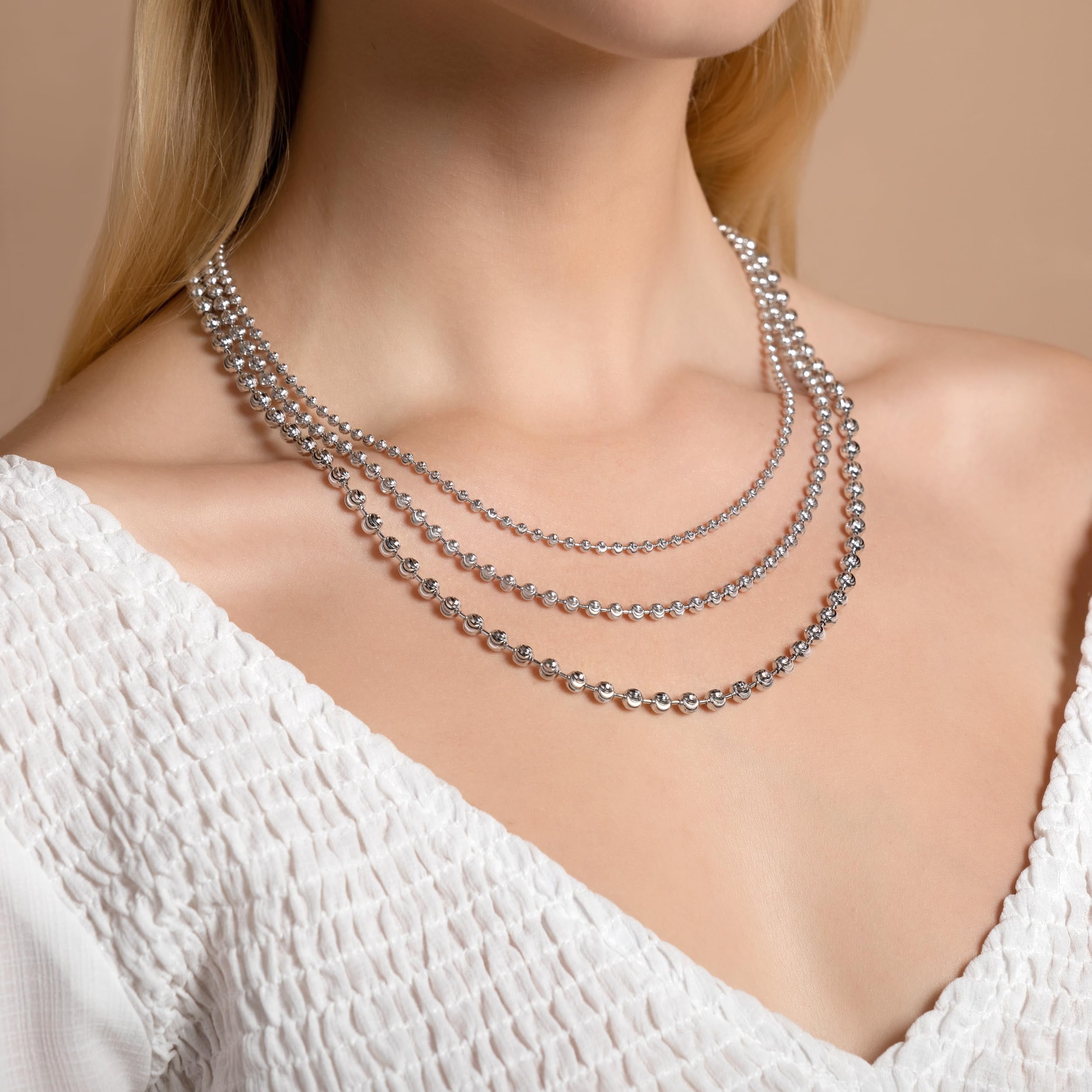 PORI JEWELERS 925 Sterling Silver 3mm, 4mm, 5mm Moon Cut Bead Chain Necklace - Made in Italy - Yellow, Silver