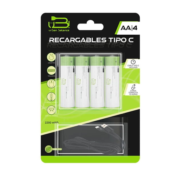 Pilas Recargables Urban Balance AA Con Cable Tipo C De 1.5v 4 Piezas