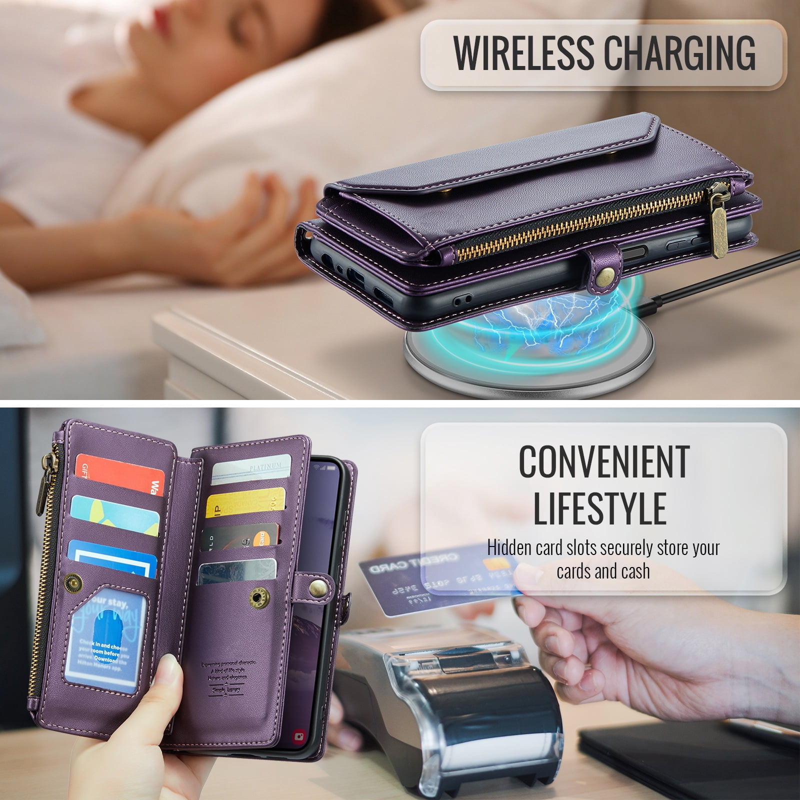 Compatible with Samsung Galaxy S25 Plus S25+ 5G Zipper Wallet Phone Case Tempered Glass Screen Protector Crossbody Lanyard Strap Flip Card Holder Slot Cell Cover for S25Plus 25S + S 25 Women Purple
