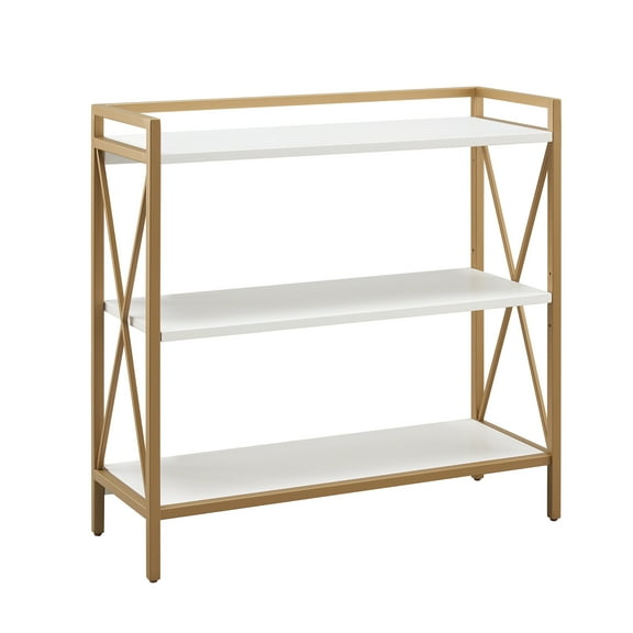 Leick Home Claudette Mixed Metal and Wood 3-Tier Bookshelf, White/Satin Gold