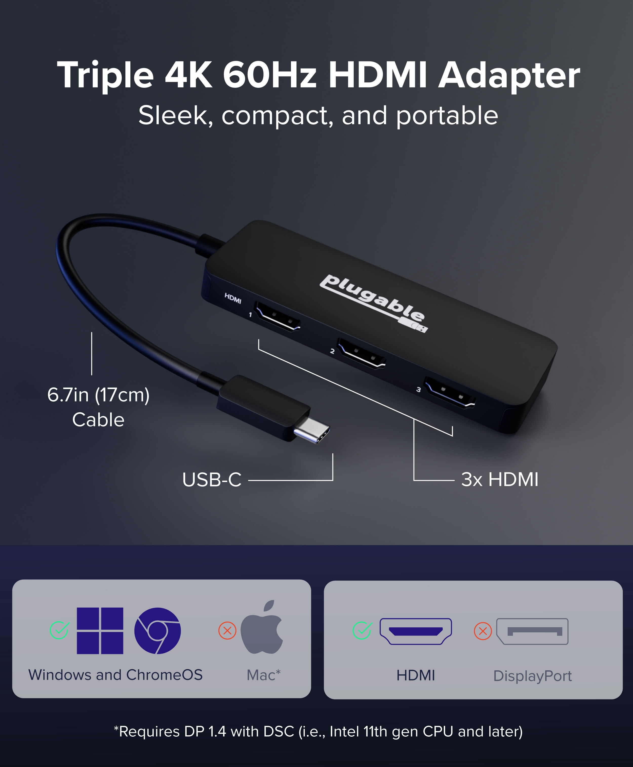 Plugable USB C to HDMI Multi Monitor Adapter | Triple 4K60 Displays | Driverless MST Hub for Windows, Chrome OS, USB-C, Thunderbolt, USB4 Laptops | Multi HDMI Ports, HDR & HDCP Compliant (USBC-MSTH3)