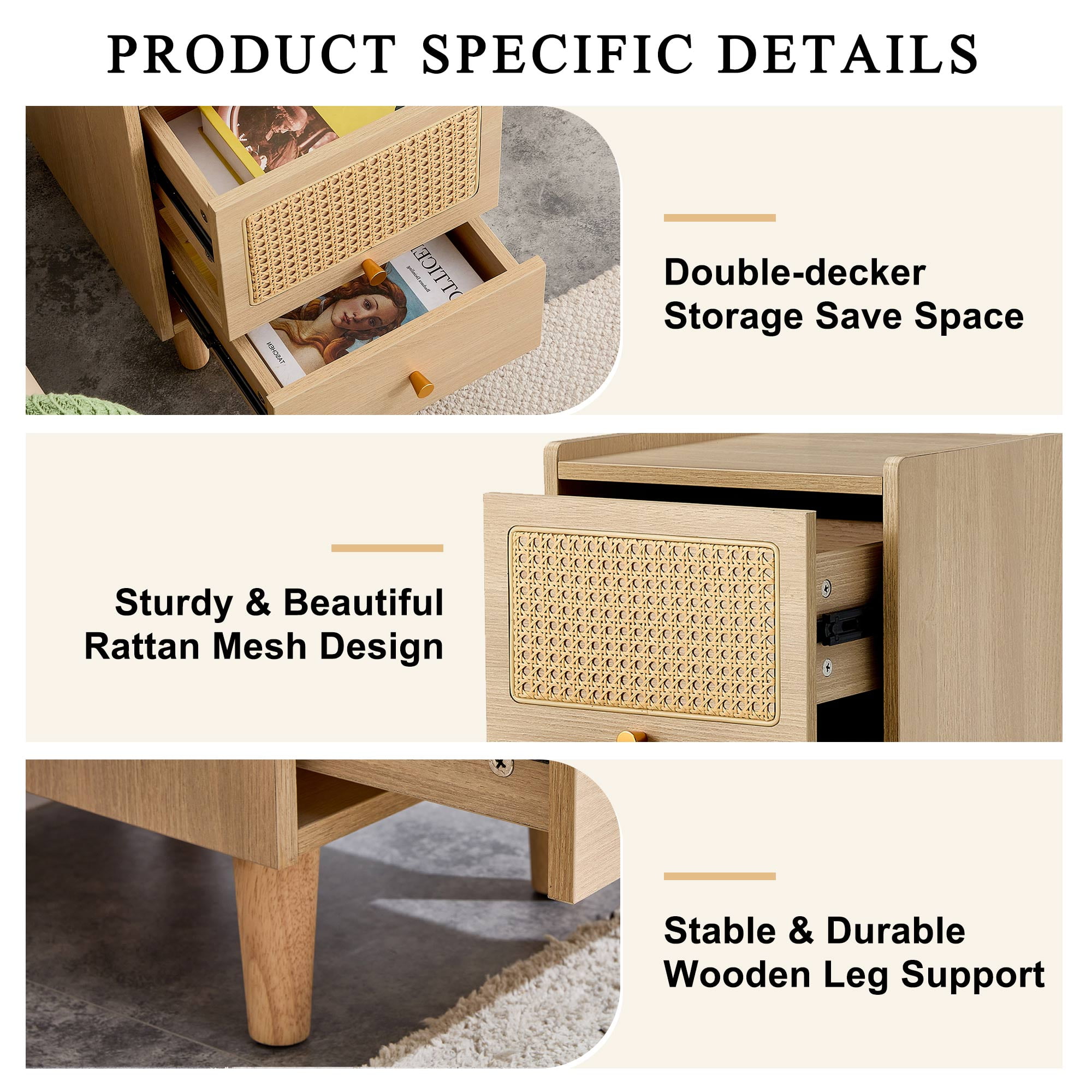 Resenkos Modern Natural End Side Table Nightstand, Bedroom Furniture with Rattan Drawers Resenkos Modern Natural End Side Table Nightstand, Bedroom Furniture with Rattan Drawers
