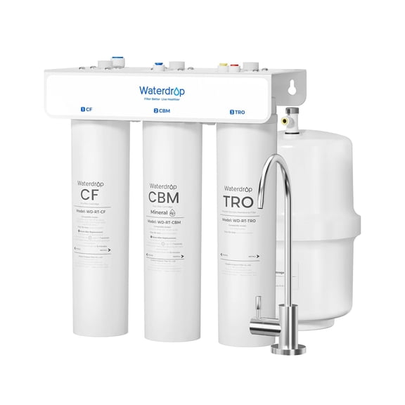 Waterdrop T3-T 220 GPD, Remineralization 7-Stage Reverse Osmosis System, 2:1 Pure to Drain, NSF/ANSI 372 Certified Water Filtration System, Under Sink RO Water Filter with Water Tank, No Power Needed