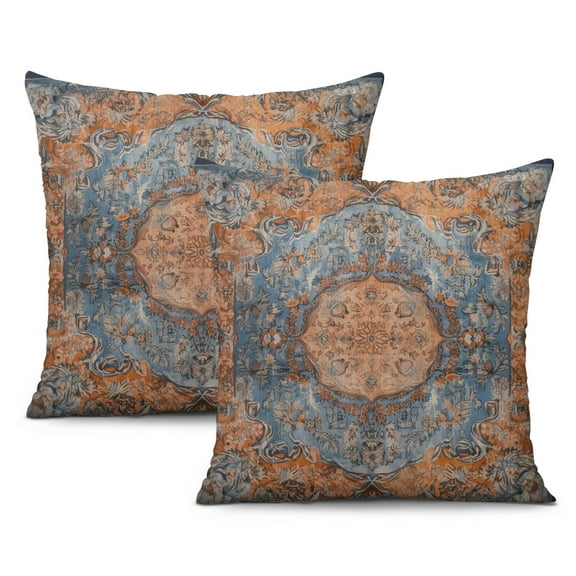 Burnt Orange Blue Carpet Pattern Farmhouse Cushion Throw Pillow Covers 16"x16", Set Of 2, Linen Study Sofa Cushion Cover Indoor Living Room Home Decor