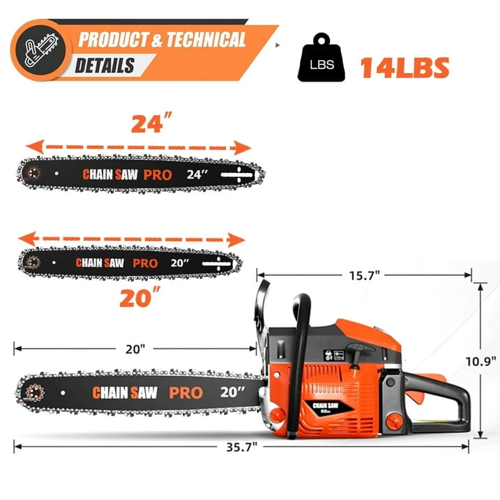 Datingday 62cc Gas Chainsaw with 2 Bars (20" & 24"), 3.5HP 12000 RPM Professional Handheld Chainsaw with Anti-Vibration & Quick-Stop Brake, for Firewood Cutting, Trimming, Felling