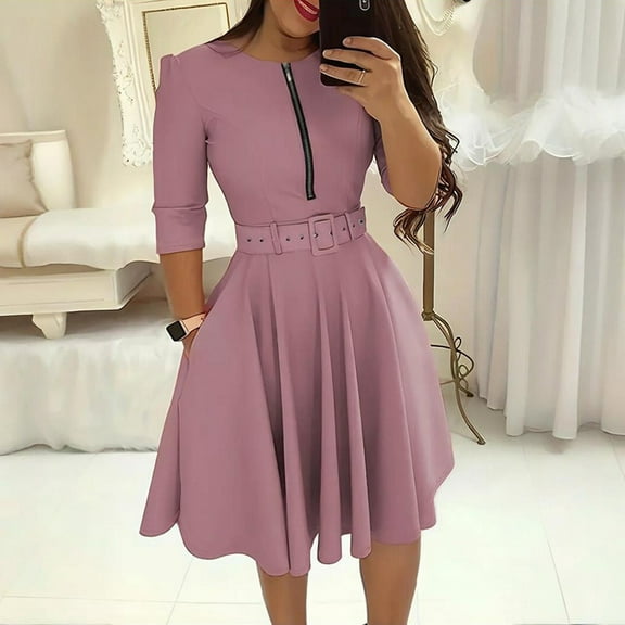 MORTTIC Women's Crew Neck Zip-Front A-Line Half Sleeve Casual Midi Dress with Belt Pockets and Pleated Detail Pink，S