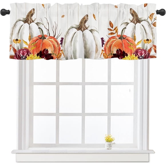 Rideaux de Cuisine Citrouilles d'Automne Cantonnières pour Fenêtres Orange Bleu Blanc Rideau de Fenêtre Citrouille 54x18 Pouces Action de Grâce Récolte Court Poche pour Tringle Traitement de Salle de Bain pour Salon Chambre Déco