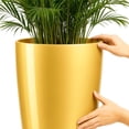 thumbnail image 3 of FIASON 2 Pack 21 Inch Glossy Gold Tall Planters, 6.5 Gallon Tapered Plastic Plant Pots with Drainage Holes, Mesh Screens & 2-in-1 Shelves, Modern Indoor Outdoor Porch Patio Decor, 3 of 9