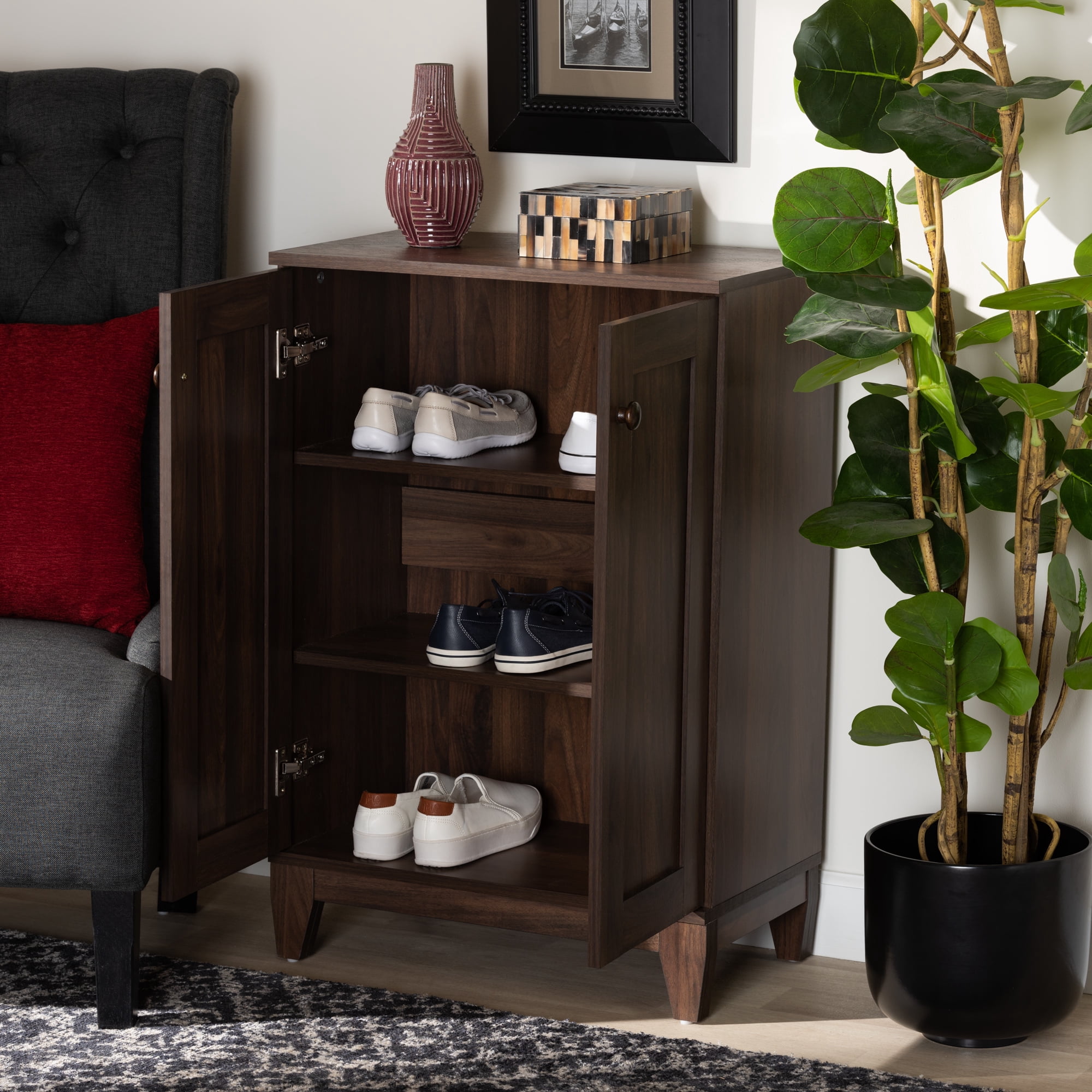 Baxton Studio Nissa Modern and Contemporary Walnut Brown Finished Wood 2-Door Shoe Storage Cabinet