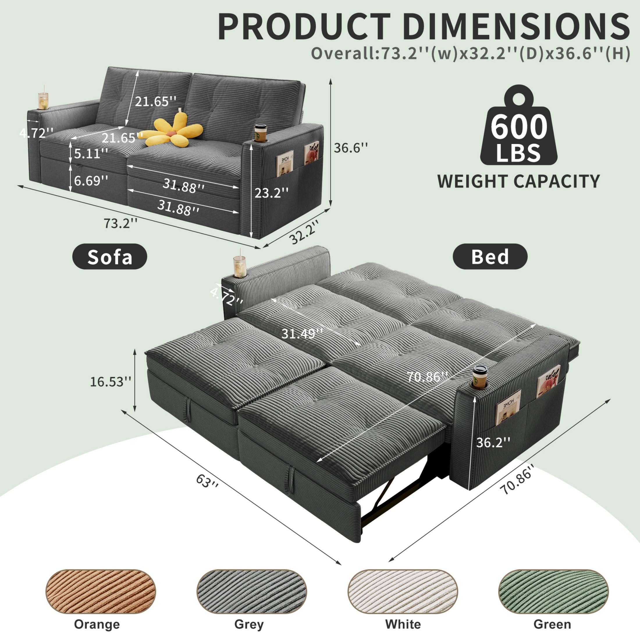 73" Sleeper Sofa,Loveseat 2 Seater Sofa Bed with Pull Out Bed, Convertible Small Couch with Pockets and Cup Holders,Grey