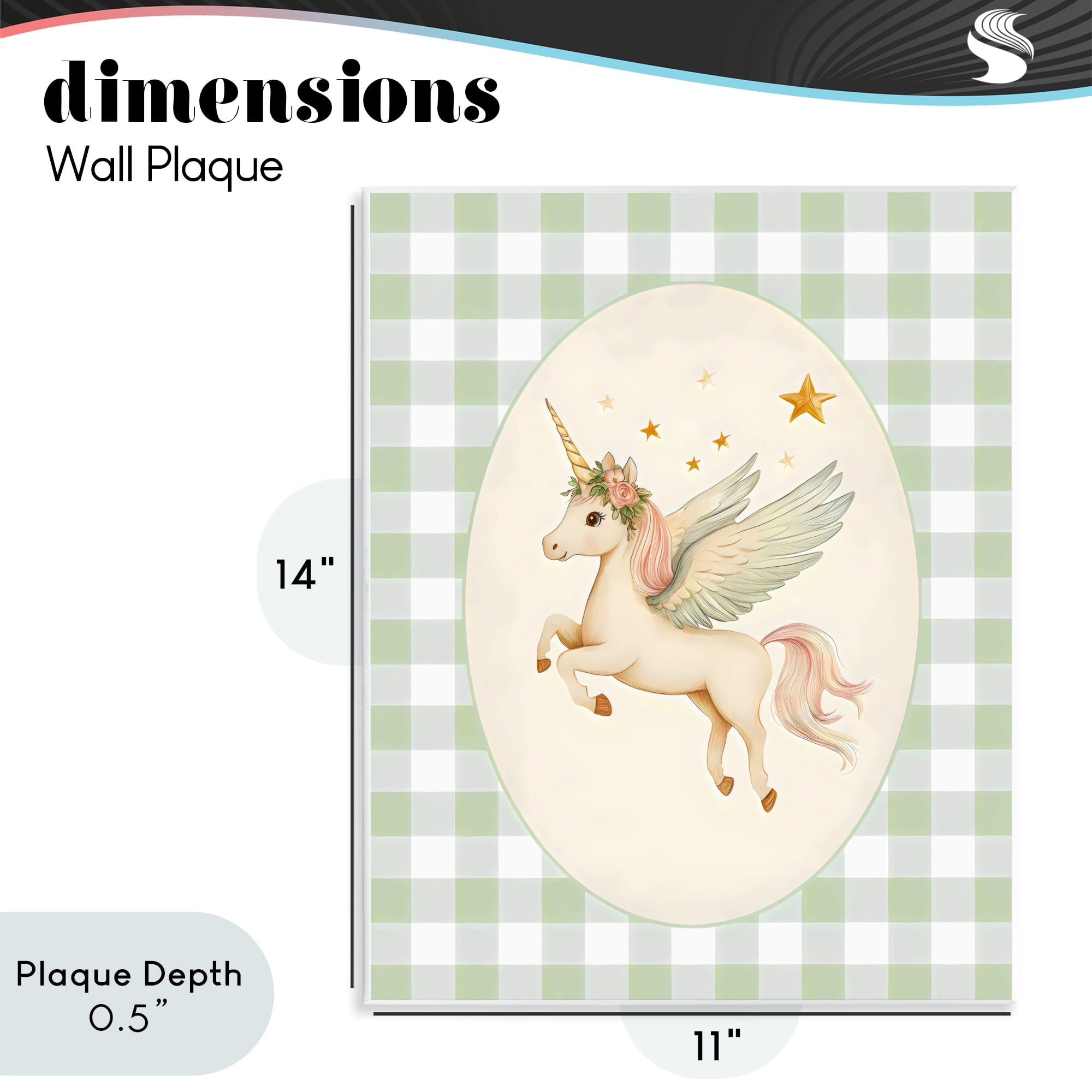 Stupell Industries Winged Unicorn over Green Gingham Wall Plaque Art, design by Arlington Prints