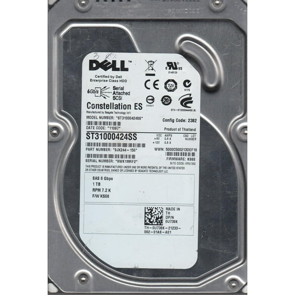 ST31000424SS, 9WK, KRATSG, PN 9JX244-150, FW KS68, Dell 1TB SAS 3.5 Hard Drive
