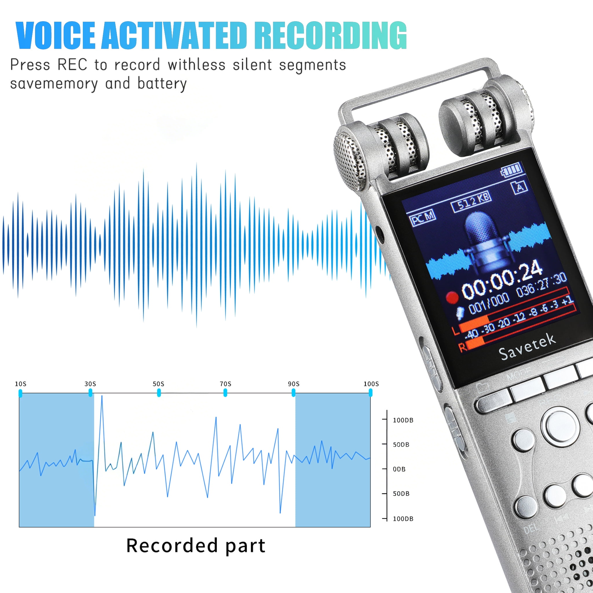 Professional Voice Activated Digital Audio Recorder  8GB USB Pen Non-Stop 100hr Recording PCM 1536Kbps External Microphone Password Protection