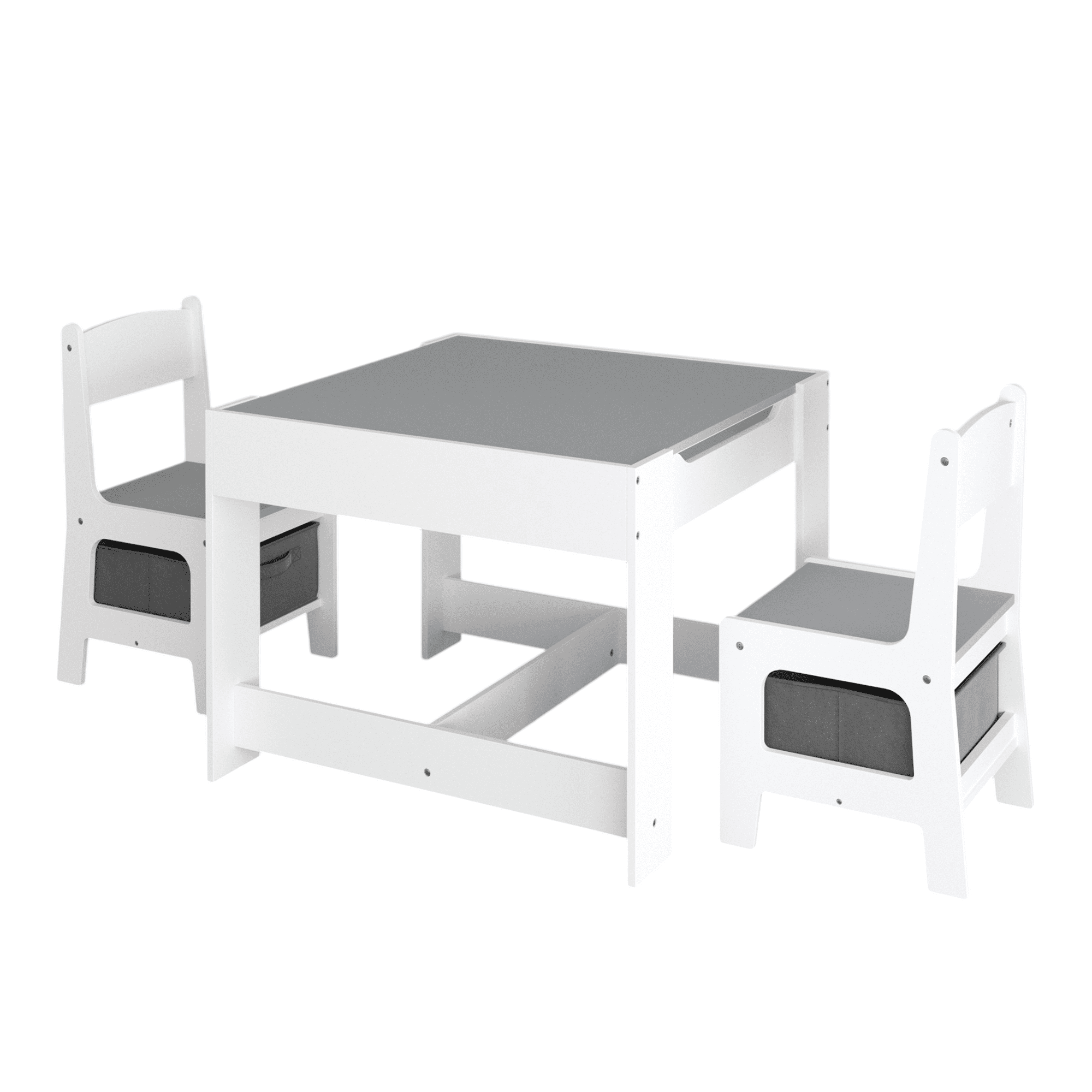 3-in-1 Kids Table and Chair Set with Storage Drawer and Reversible Tabletop, Wooden Activity Table and Art Desk for Toddlers, White and Gray