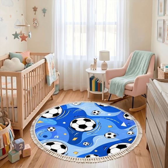 Washable Non Slip 3ft Round Rug, Seamless Soccer Balls Abstract Blue Circle Area Rugs with Tassels Carpet for Nursery Bedroom Living Room Playroom Tent Rug