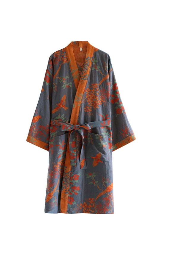 Cotton Double Gauze Traditional Hanfu Midi-length Nightdress Printing Tie-belt Bathrobe Loose Pajamas Comfortable Nightgown Sweat Steaming Yukata Sauna Suit Sleepwear Kimono for Women Large(Grey)