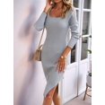 thumbnail image 2 of Women 2025 Summer Ribbed Short Sleeve Bodycon Maxi Dress Side Slit Knit Square Neck Long Sundress Grey XL, 2 of 7