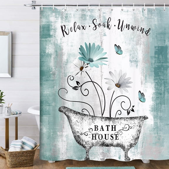 Rustic Floral Shower Curtain Teal Turquoise Decor, Daisy Flowers Butterfly Shower Curtain Bathroom Rules Inspirational Quotes Shower Curtain Rustic Farmhouse Curtain Accessories with Hooks 70X70IN