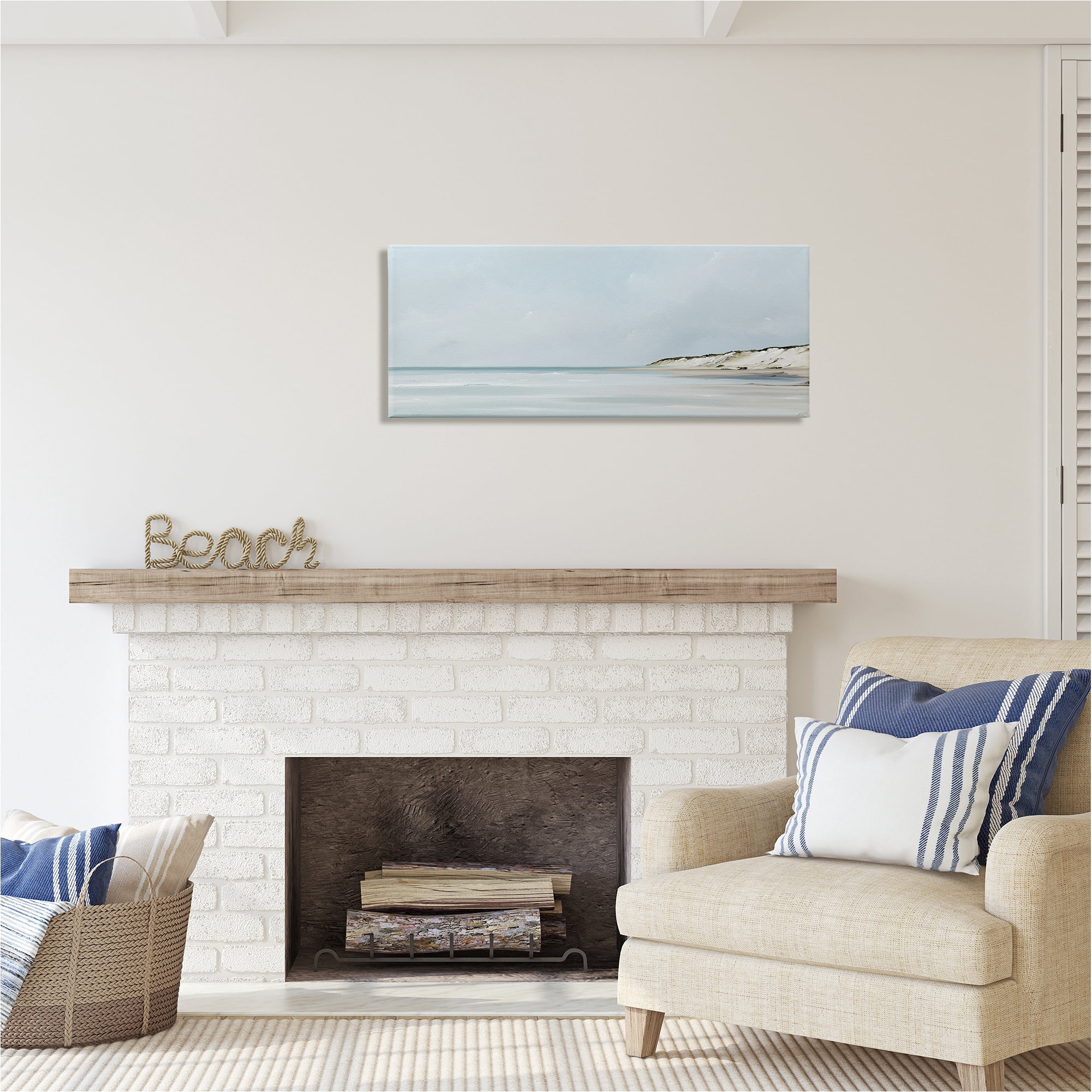 Stupell Industries Soft Blue Beach Landscape Landscape Painting Gallery Wrapped Canvas Art Print Wall Art, 40 x 17