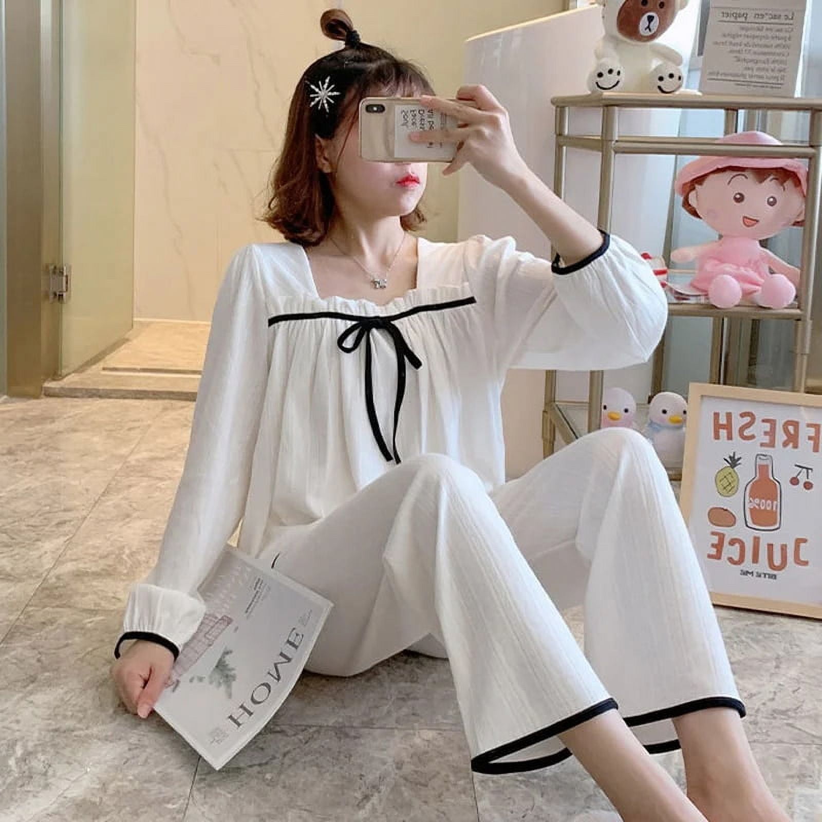 Municipal Simple Long Sleeve Pajama Sets Women Square Collar