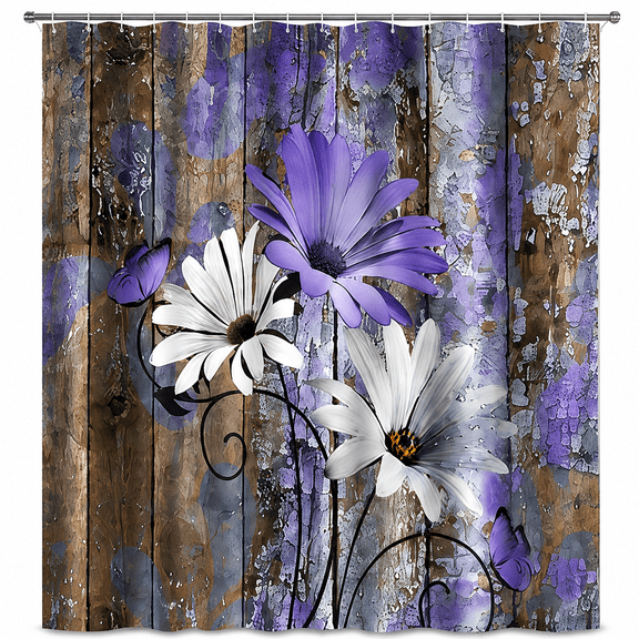 Rustic Farmhouse Shower Curtain, Purple White Daisy Flowers with Butterflies on Weathered Wooden Planks, Vintage Floral Waterproof Fabric Bathroom Curtain with Hooks, 69x75 Inches