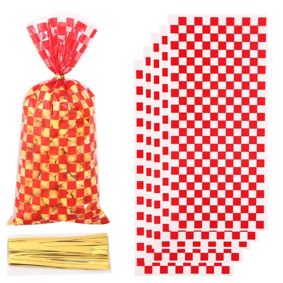 Namzi 150 Pcs Cellophane Bags with Twist Ties Party Favor Treat Bags for Candy Cookies Goodies Bakery Treat Cake Wedding Birthday Gift Wrapping (Red White)