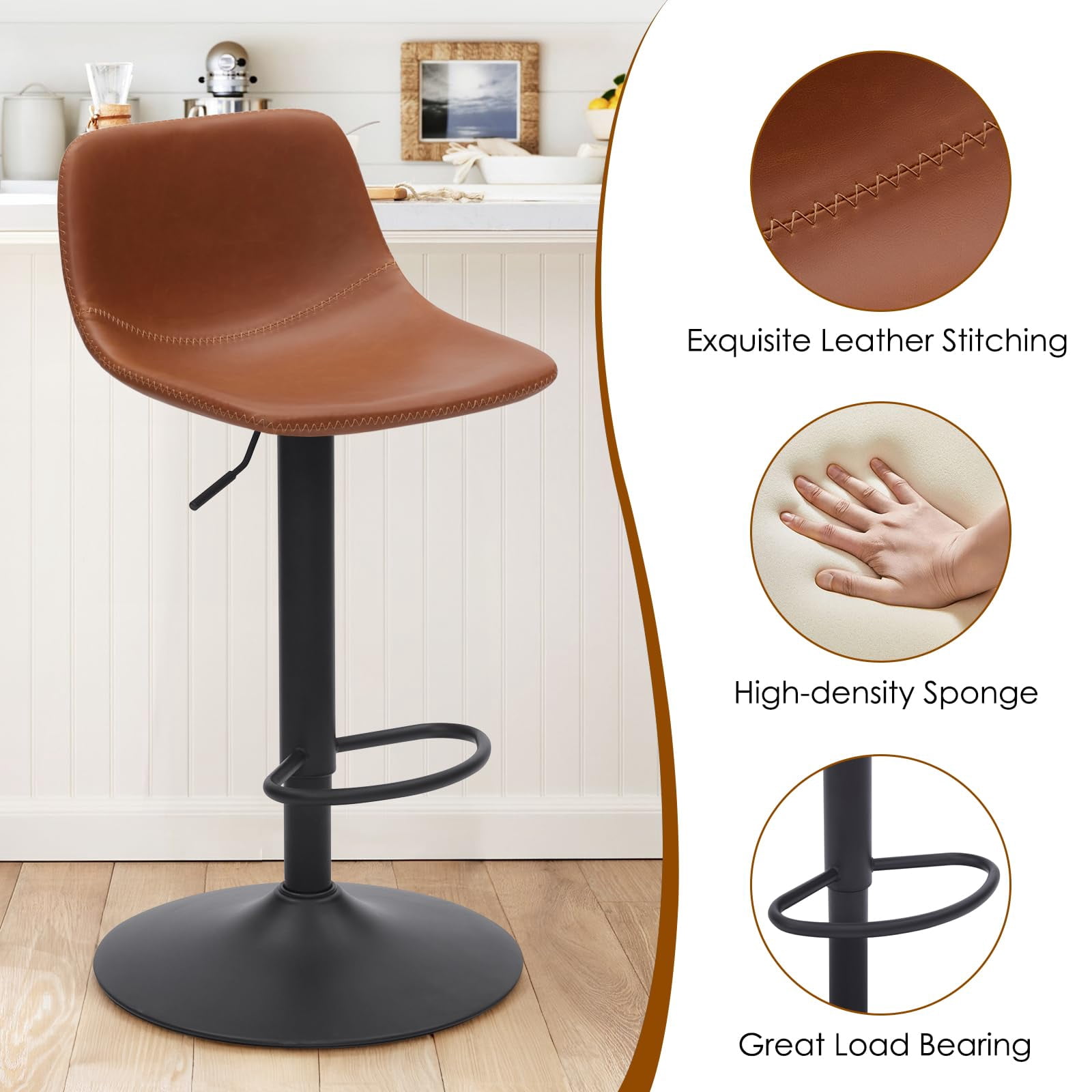 STARY Adjustable Bar Stools Set of 2, Modern Swivel Bar Stools, Bar Height Stools with Back Support, Pu Leather Bar Stool for Kitchen Island Counter
