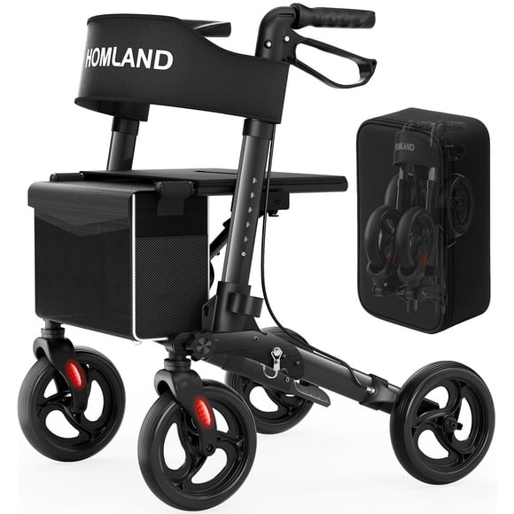 Andadores plegables HOMLAND para personas mayores con asiento, andador con ruedas de altura ajustable, andador con ruedas grandes de 8" para todo terreno, andador liviano de aluminio.