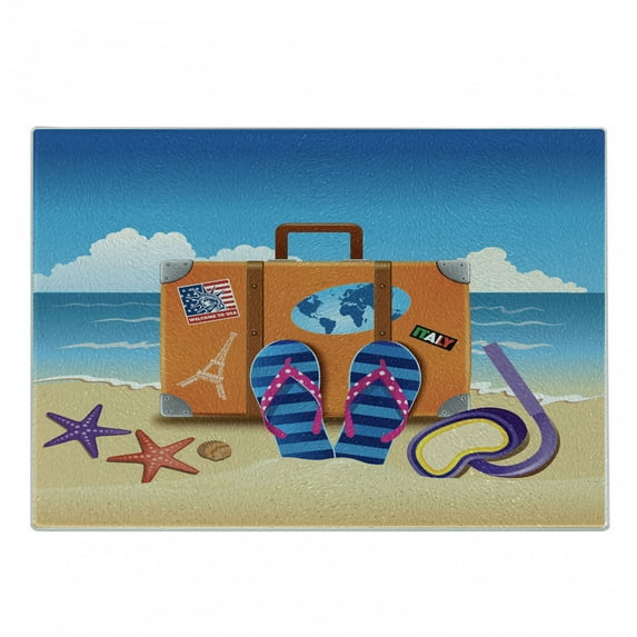 Flip Flop Cutting Board, Illustration of Travel Suitcase Colorful Stickers on and Snorkeling, Decorative Tempered Glass Cutting and Serving Board, Small Size, Multicolor, by Ambesonne