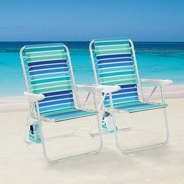 2 Pack Mainstays Reclining Bungee Beach Chair Blue Green Stripe Walmart Com Walmart Com