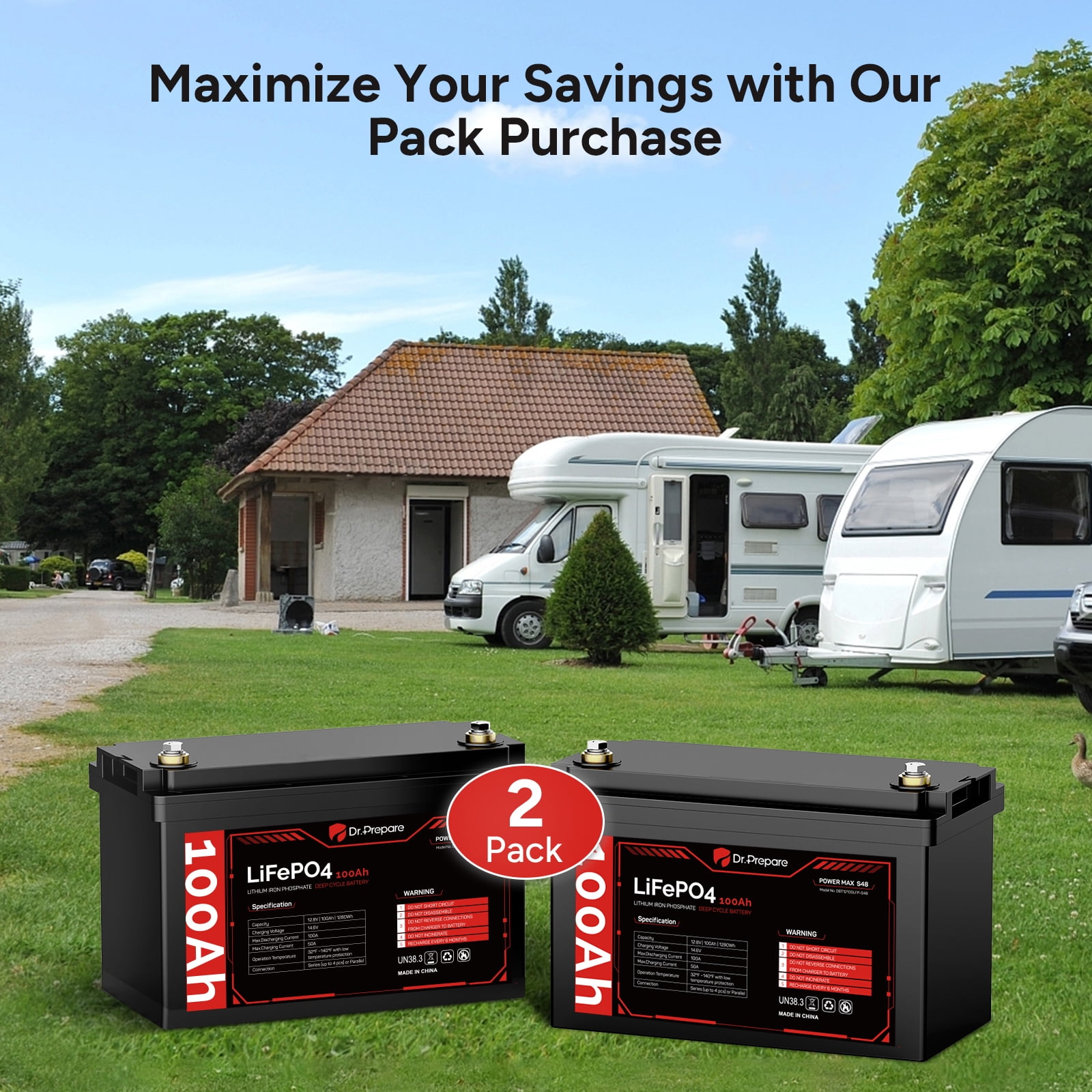 Dr. Prepare 2 Pack 12V 100Ah LiFePO4 Lithium Battery Deep Cycle Batteries for RVs, Trolling Motors, Boats