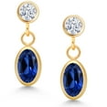 thumbnail image 2 of Gem Stone King 14K Yellow Gold Blue Created Sapphire and White Zirconia Drop Dangle Earrings for Women (1.42 Cttw, Gemstone Birthstone, Oval 6X4MM, Round 3MM), 2 of 4