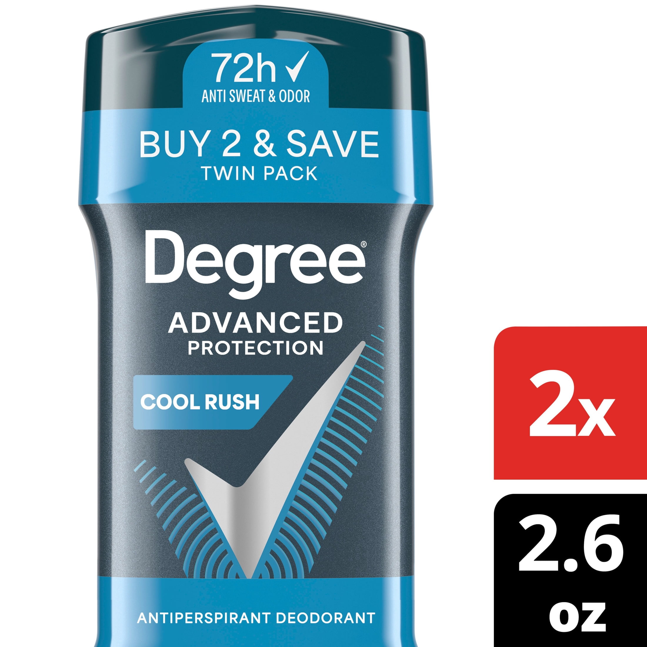 Degree Men Antiperspirant Deodorant 72-Hour Sweat and Odor Protection Cool Rush Antiperspirant For Men With Body Heat Activated Technology, 2.6 oz Twin Pack
