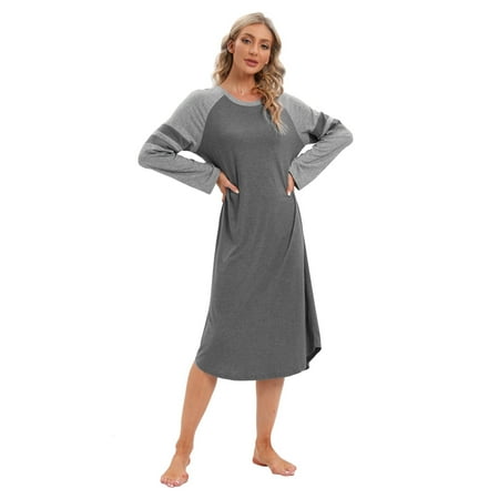

Womens Long Sleeve Loose Nightgown Sleepwear Full Length Sleepshirt Nightshirt Loungewear S-3XL
