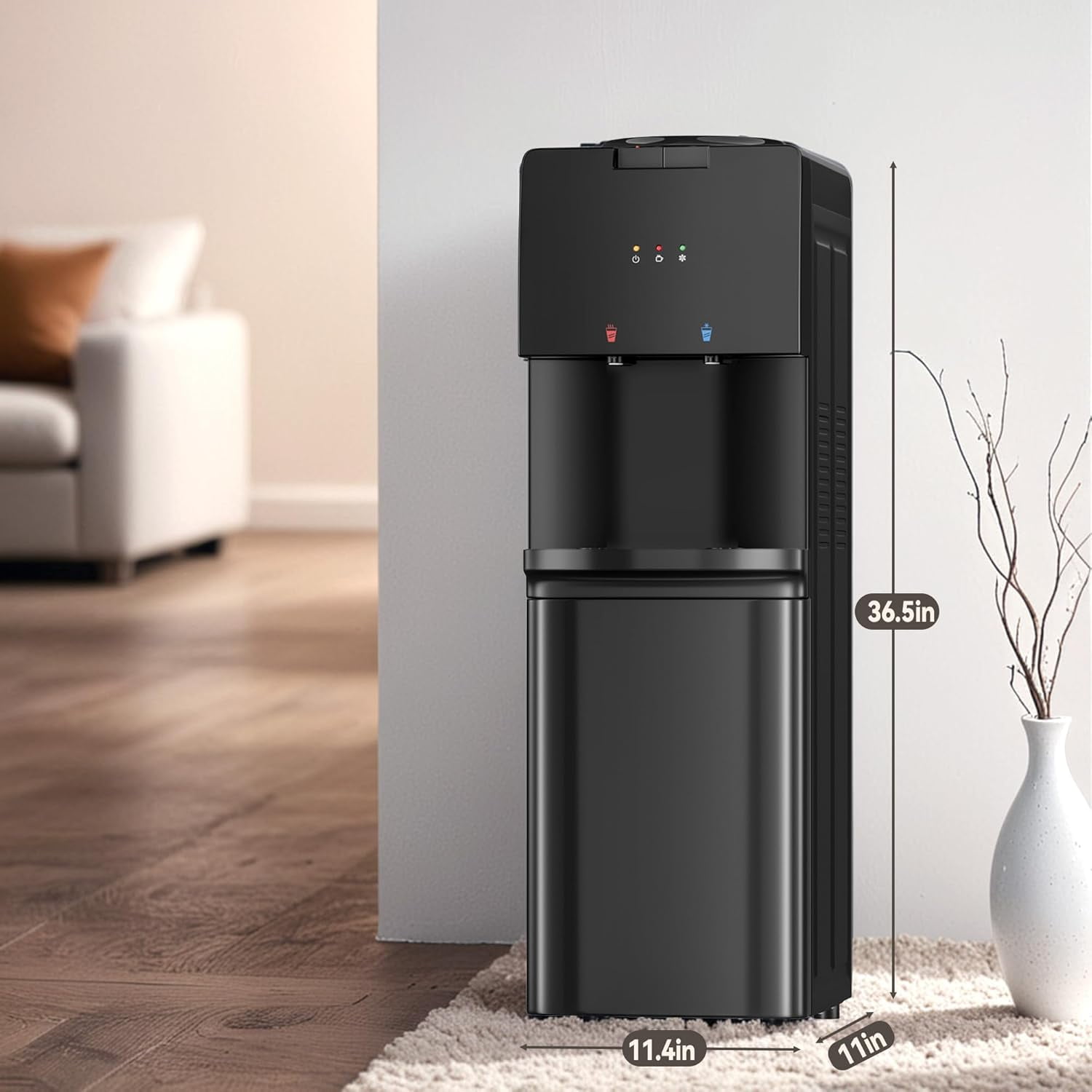 UrbanSync Water Dispenser for 3 or 5 Gallon Bottles, Top Loading Water Cooler with Hot & Cold Water, Child Safety Lock, Ideal for Kitchens, Offices, Black