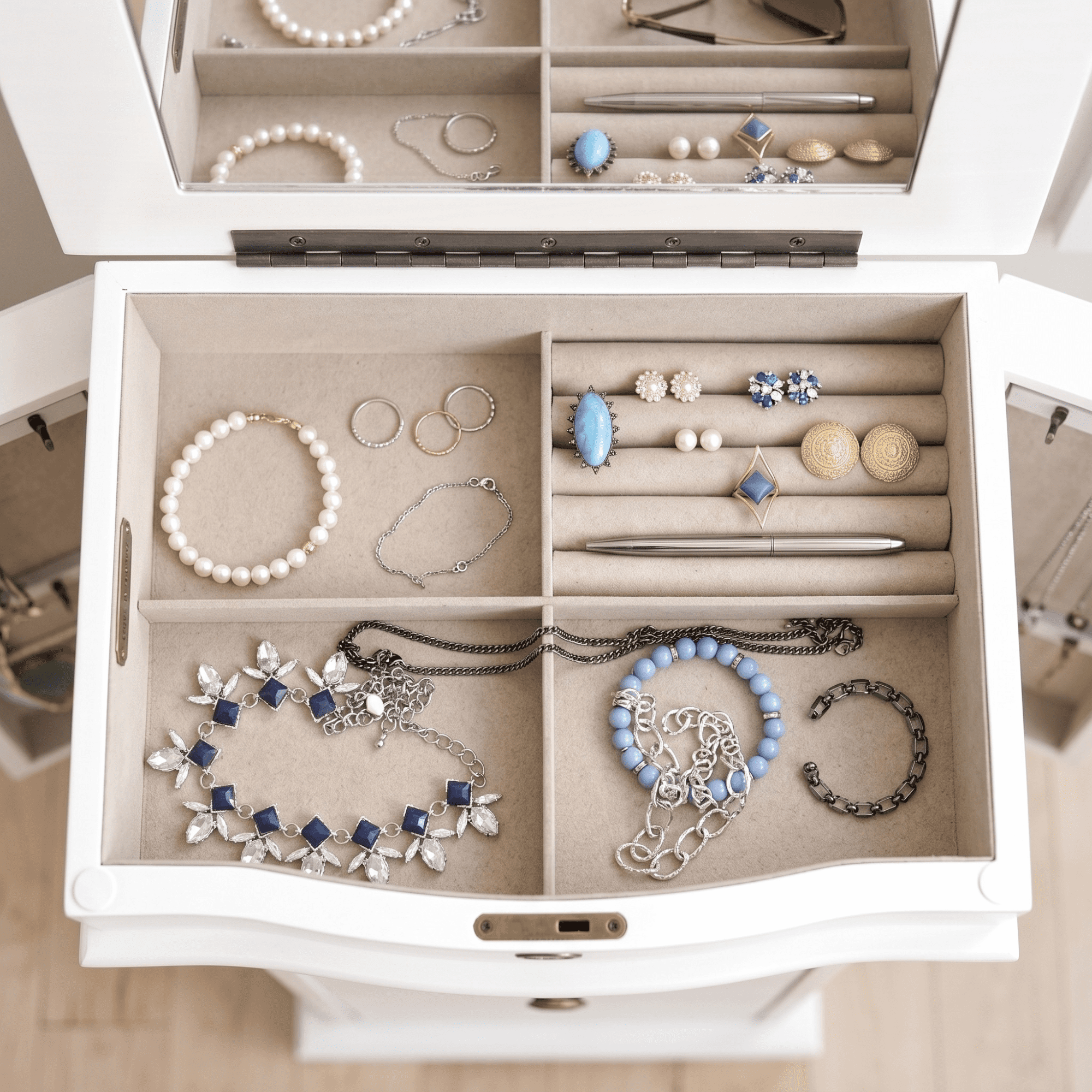 Hives and Honey Nora Traditional Jewelry Armoire with Locking Compartment and Ample Storage, White