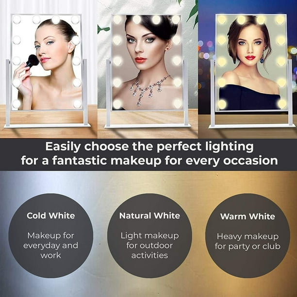 Miroir avec lumière Grand Maquillage Lumineux Miroir Vanité Maquillage  Miroir Smart Touch Control 3couleurs Dimable Lumière Détachable