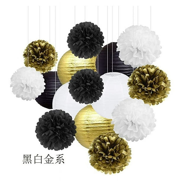 Nvzi Juego de 30 linternas de papel con combinación de bolas de flores, farolillos de papel redondos colgantes para decoración de fiestas,, serie oro blanco y negro