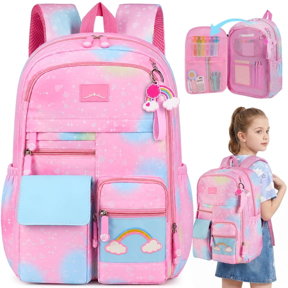 DAKIMOE School Backpack Pink Starry Rainbow Bookbag Cute Large Capacity Backpack Multifunction Fashion Casual Laptop Travel Daypacks Kawaii Bag For Teens Students, 17 inch