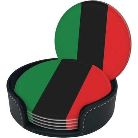 

African American Flag Red Black and Green Premium Leather Coasters - Set of 6 with Holder | Stylish Drink Coasters for Kitchen Coffee and Home Decor