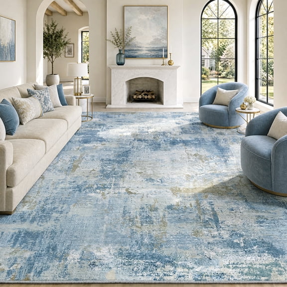 CHITOOMA 8'x10' Area Rugs for Living Room, Machine Washable Abstract Distressed Rugs Indoor Neutral Carpet Rugs for Bedroom Dining Room Office with Non-Slip Backing, Stain Resistant, Blue