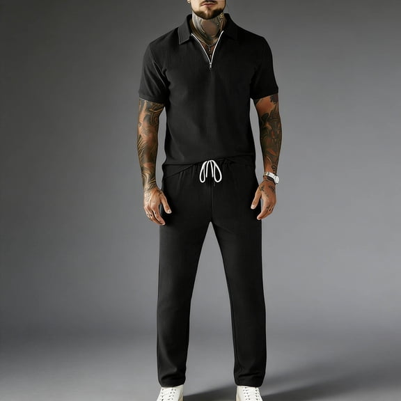 Maqroz Mens 2 Piece Outfits Quarter Zip Short Sleeve Shirt and Pants Business Formal Wedding Office Wear Lightweight Professional Elegant Ceremony Outfit