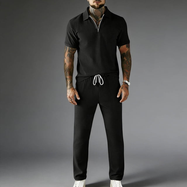 Ceisia Men's Slim Fit Corduroy 2-Piece Set Half-Zip Polo Short Sleeve T-Shirt with Elastic Waist Drawstring Pants Gifts