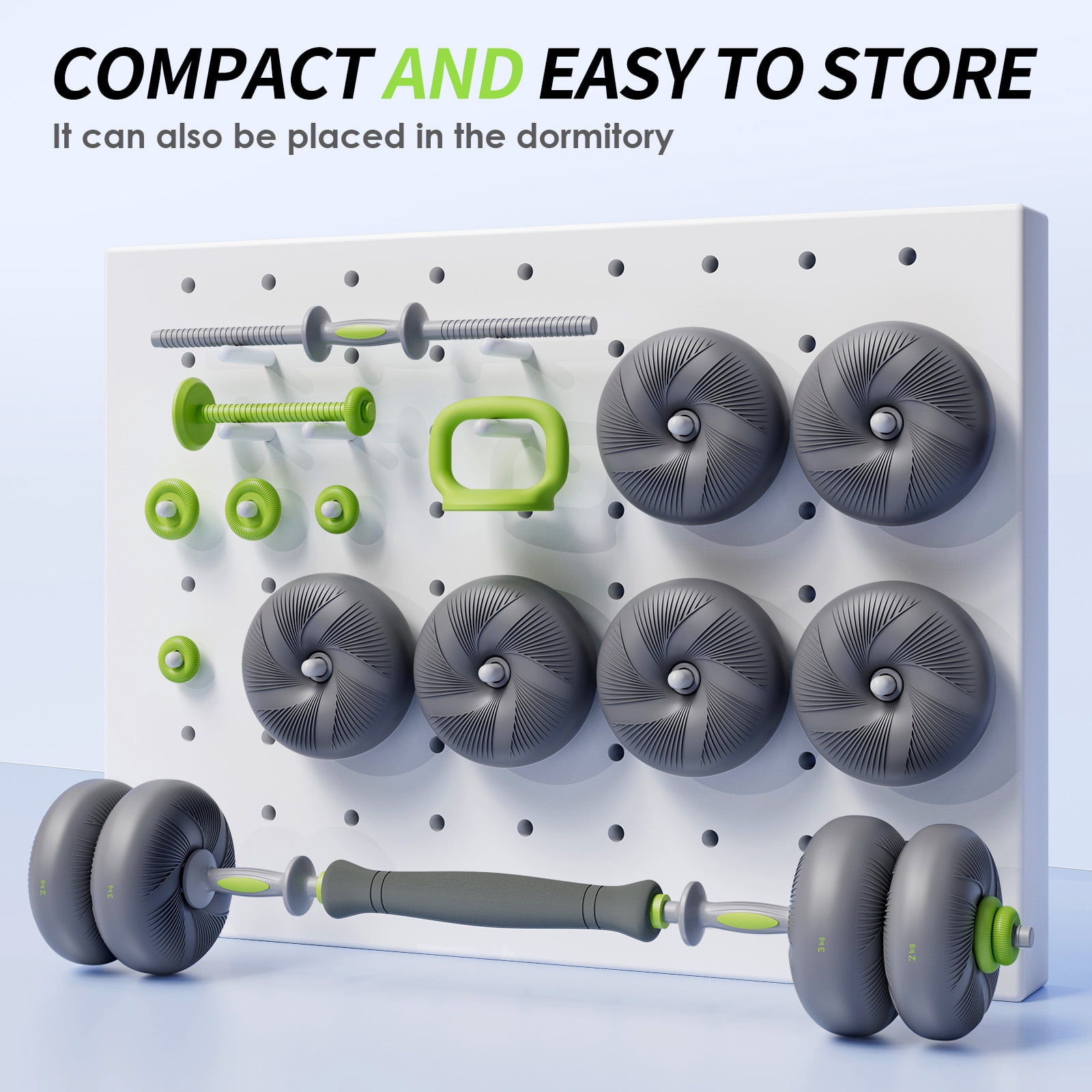 LIFERUN Adjustable Dumbbell Set, Soft PVC, 45lbs/67lbs Free Weight Set. 4-in-1: Barbell, Dumbbells, Kettlebell, Weight Plates, Green.