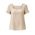 thumbnail image 6 of QUNYINEY T-Shirts for Women Short Sleeve Ruffle Summer Cotton Linen Tunic Tops Loose Fit Casual Square Neck Solid Pullover Shirts, 6 of 7