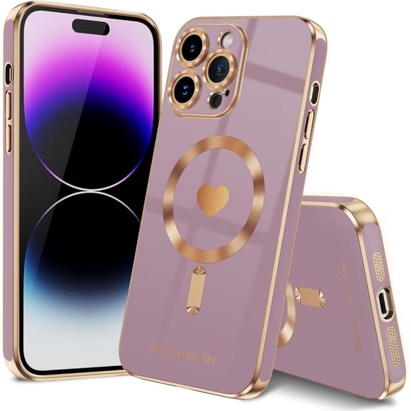 Magnetic for iPhone 14 Pro Max Case with Full Camera Protection,[Compatible with MagSafe], Slim Cute Love Heart Luxury Soft Bling Back Cover for (iPhone 14 Pro Max 6.7", Purple)