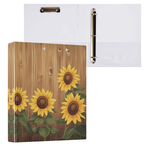 Wooden Background with Sunflowers 3 Ring Hardcover Binders 1.5in Round Rings for Letter-Size Folder Paper Organizer Pockets for Office Student Recipe