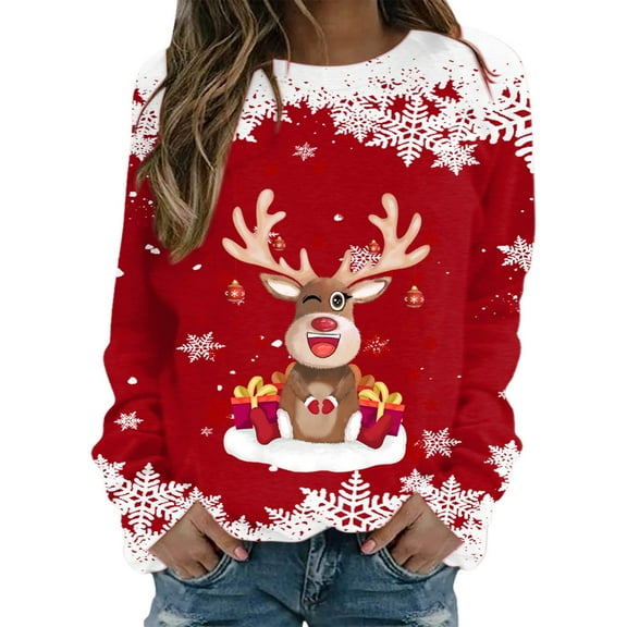Fiaer Christmas Sweatshirts for Women Crew Neck Deer Cute Funny Graphic Xmas Pullover Plus Size Baggy Trendy Long Sleeve Tops Red XL