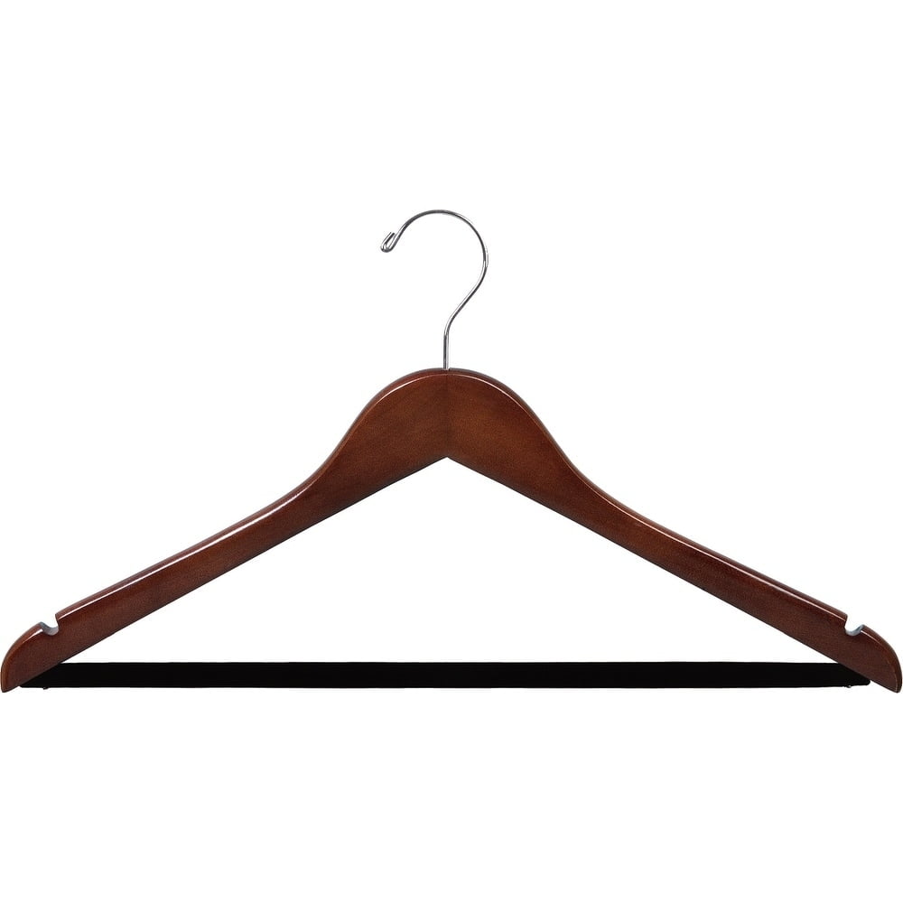 Wood Suit Hanger w/ Velvet Non-Slip Bar, Box of 25 Space Saving 17 Inch Flat Wooden Hangers w/ Walnut Finish & Chrome Hook & Notches for Shirt Dress or Pants by International Hanger