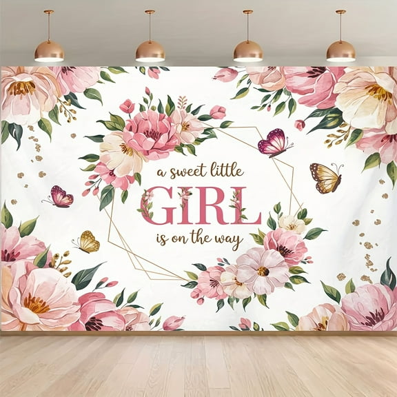 Sweet Girl Baby Shower Backdrop A Sweet Little Girl is on Her Way Photography Background Pink Butterfly Floral Sweet Baby Shower Birthday Party Decorations Banner Supplies Photo Booth Props